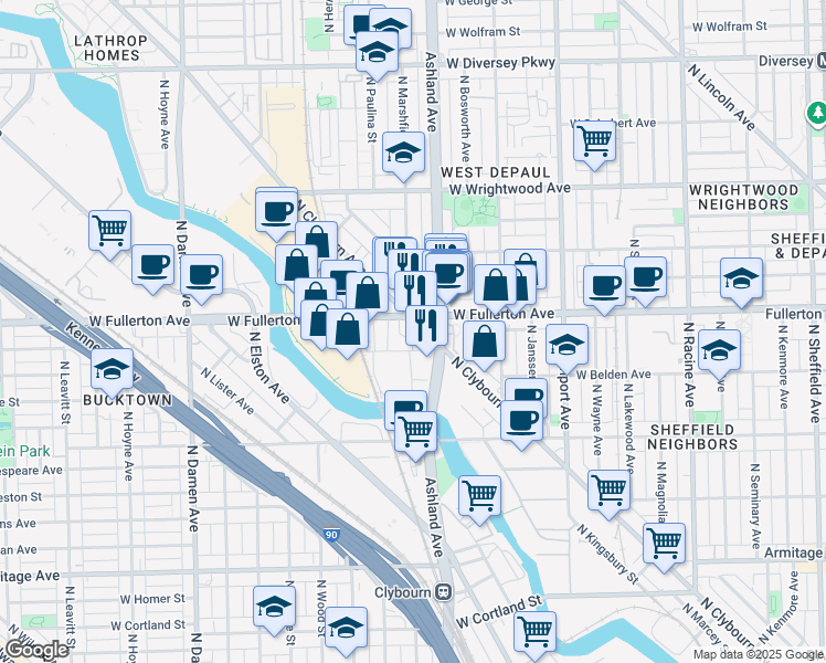 map of restaurants, bars, coffee shops, grocery stores, and more near in Chicago