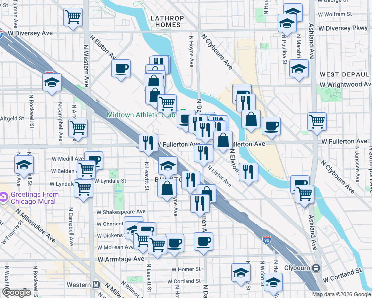 map of restaurants, bars, coffee shops, grocery stores, and more near 2039 West Fullerton Avenue in Chicago