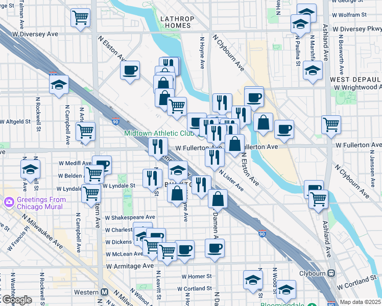 map of restaurants, bars, coffee shops, grocery stores, and more near 2039 West Fullerton Avenue in Chicago