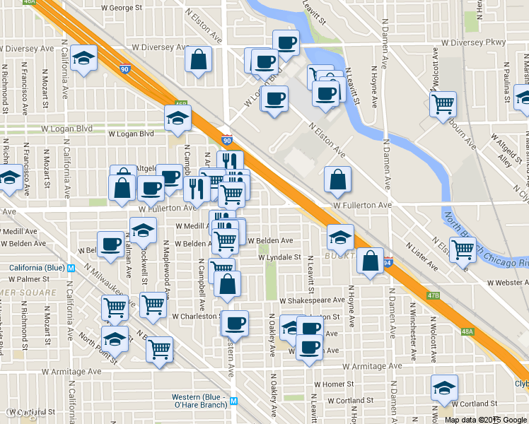 map of restaurants, bars, coffee shops, grocery stores, and more near 2400 North Oakley Avenue in Chicago