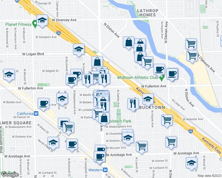 map of restaurants, bars, coffee shops, grocery stores, and more near 2400 North Oakley Avenue in Chicago