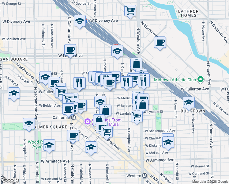 map of restaurants, bars, coffee shops, grocery stores, and more near 2534 West Fullerton Avenue in Chicago