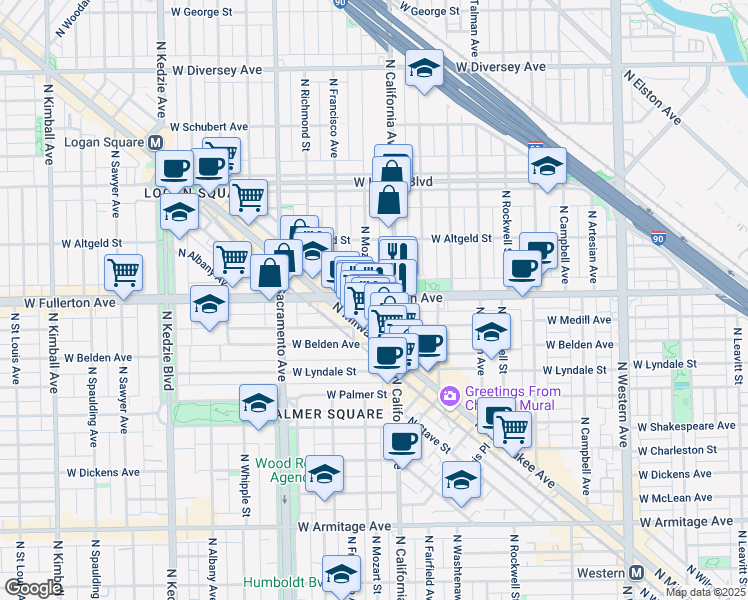 map of restaurants, bars, coffee shops, grocery stores, and more near 2838 West Fullerton Avenue in Chicago