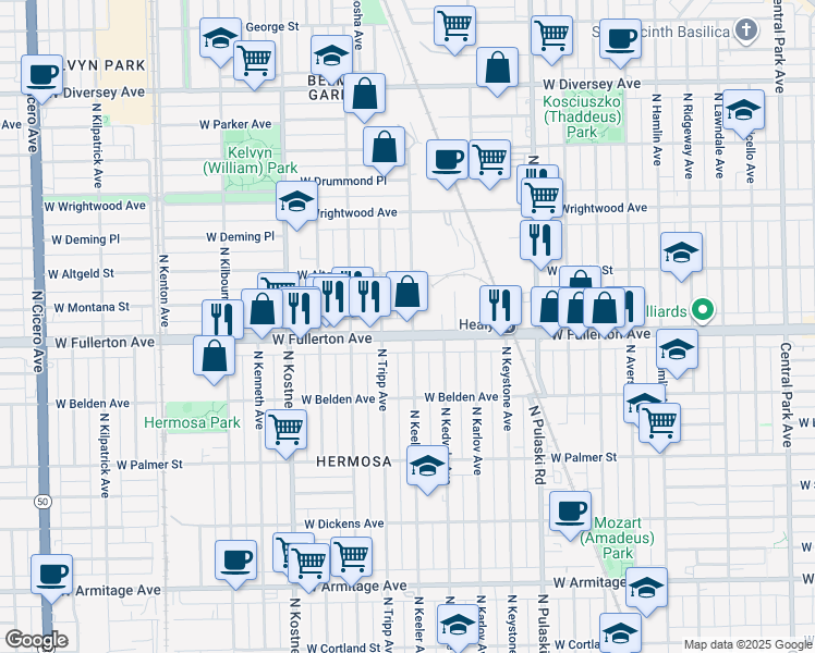 map of restaurants, bars, coffee shops, grocery stores, and more near 2416 North Keeler Avenue in Chicago