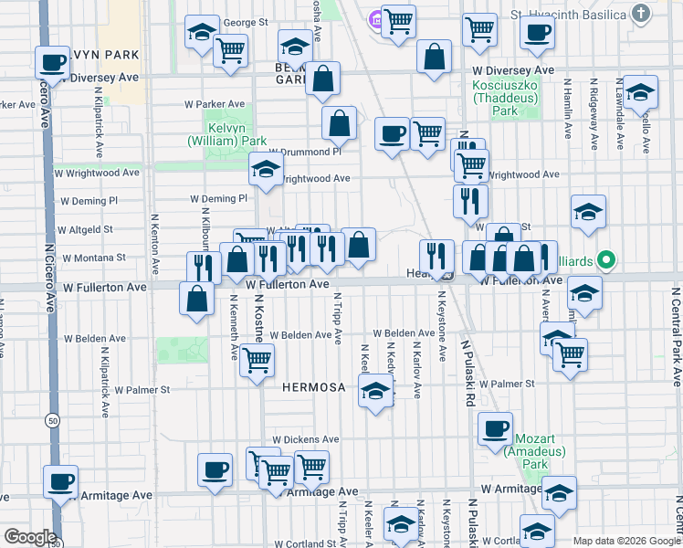 map of restaurants, bars, coffee shops, grocery stores, and more near 2414 North Keeler Avenue in Chicago