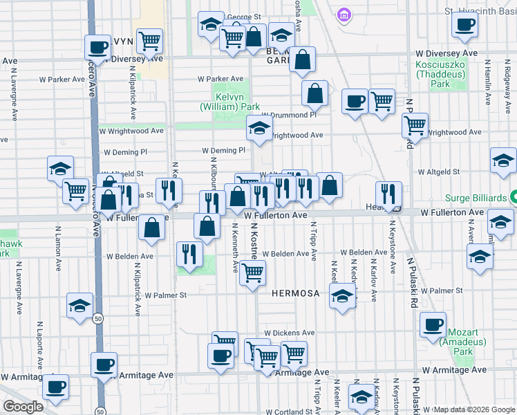 map of restaurants, bars, coffee shops, grocery stores, and more near 2417 North Kostner Avenue in Chicago