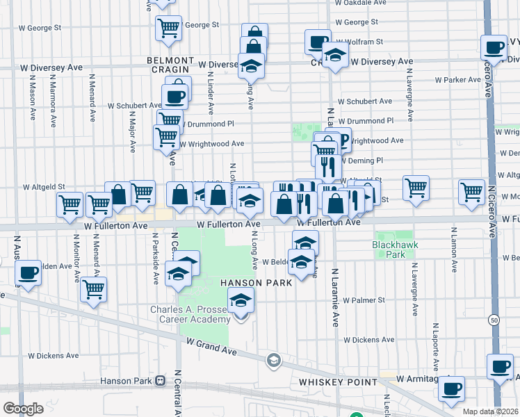 map of restaurants, bars, coffee shops, grocery stores, and more near 2433 North Long Avenue in Chicago