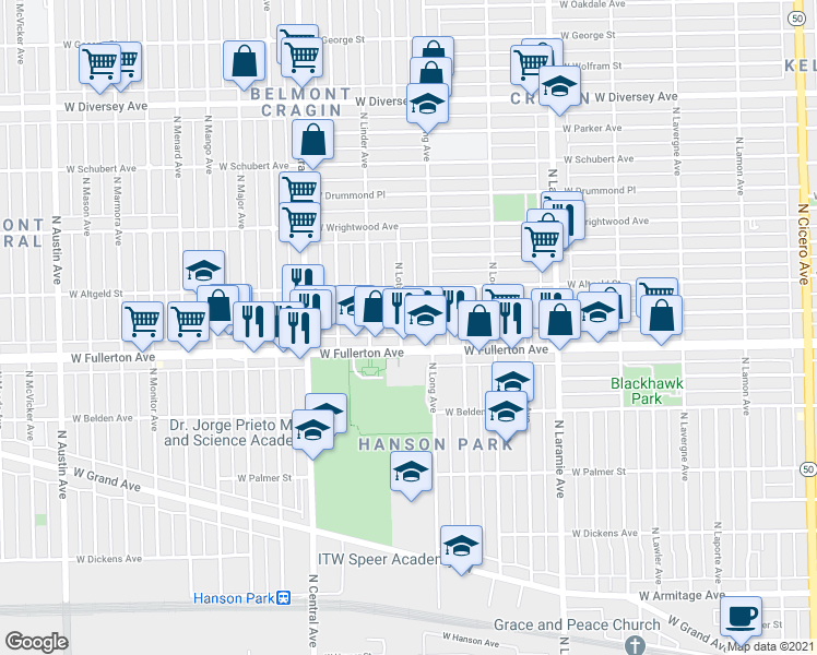 map of restaurants, bars, coffee shops, grocery stores, and more near 2431 North Lotus Avenue in Chicago