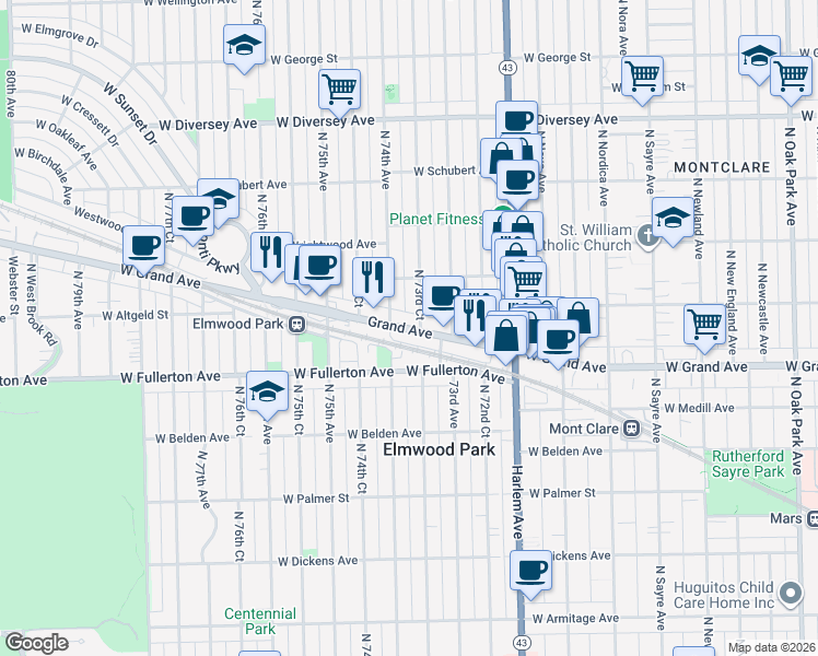 map of restaurants, bars, coffee shops, grocery stores, and more near 7360 Grand Avenue in Elmwood Park