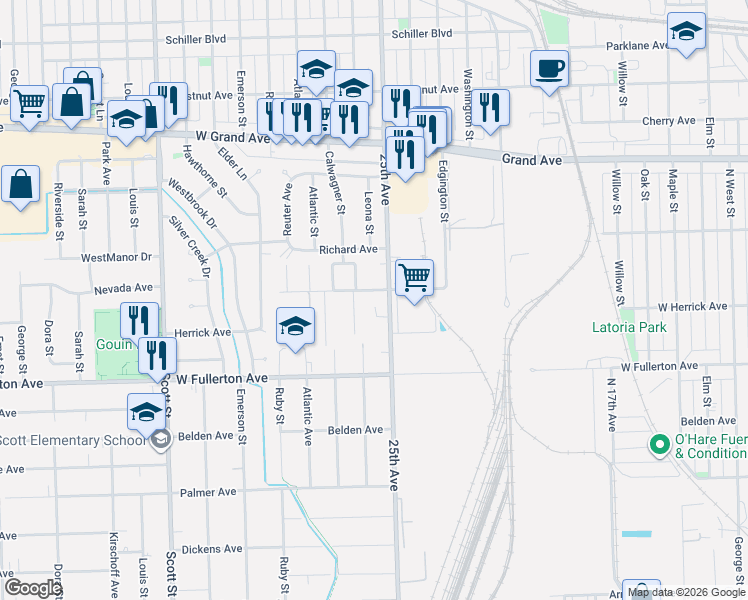 map of restaurants, bars, coffee shops, grocery stores, and more near 2450 Rose Street in Franklin Park
