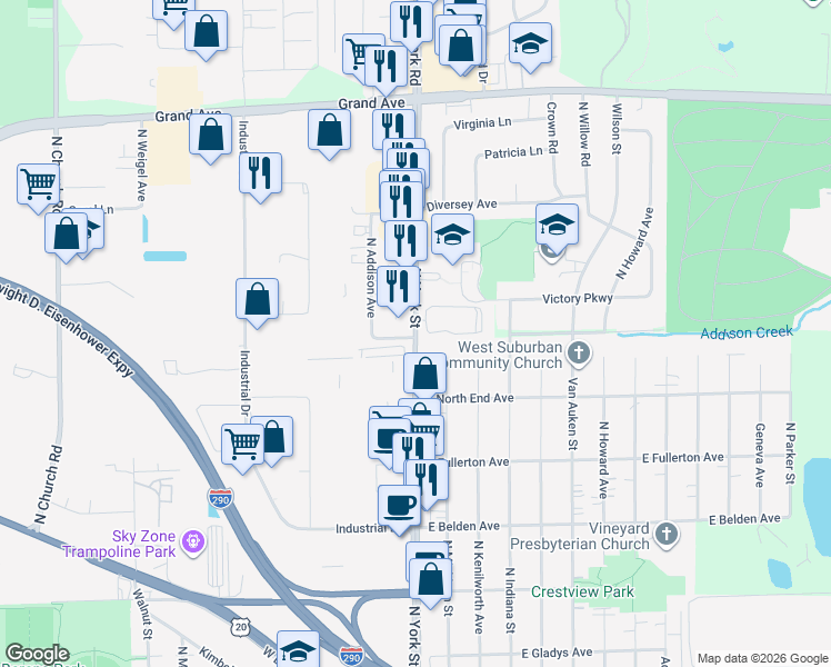 map of restaurants, bars, coffee shops, grocery stores, and more near 841 North York Street in Elmhurst