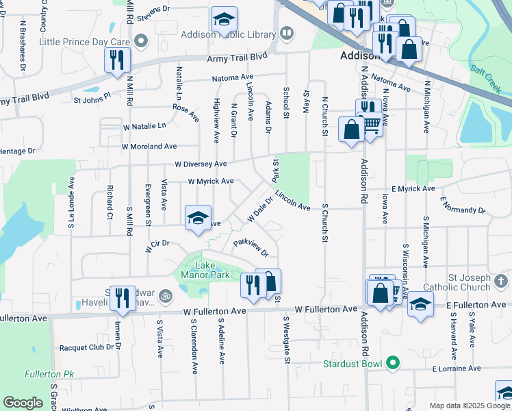 map of restaurants, bars, coffee shops, grocery stores, and more near 325 Park Avenue in Addison