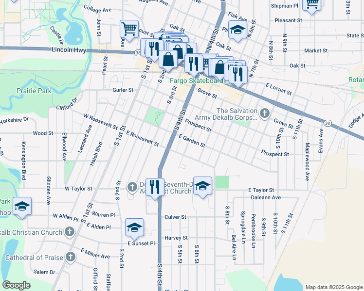 map of restaurants, bars, coffee shops, grocery stores, and more near 512 South 4th Street in DeKalb