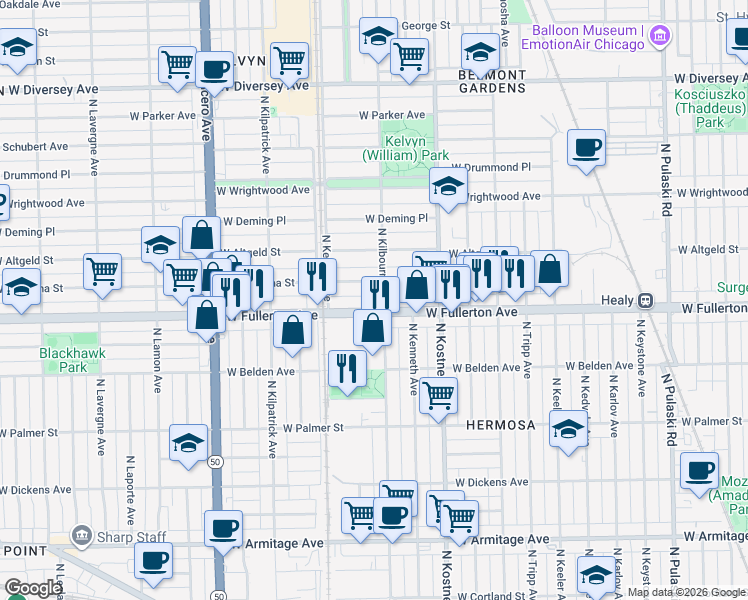 map of restaurants, bars, coffee shops, grocery stores, and more near 2410 North Kilbourn Avenue in Chicago