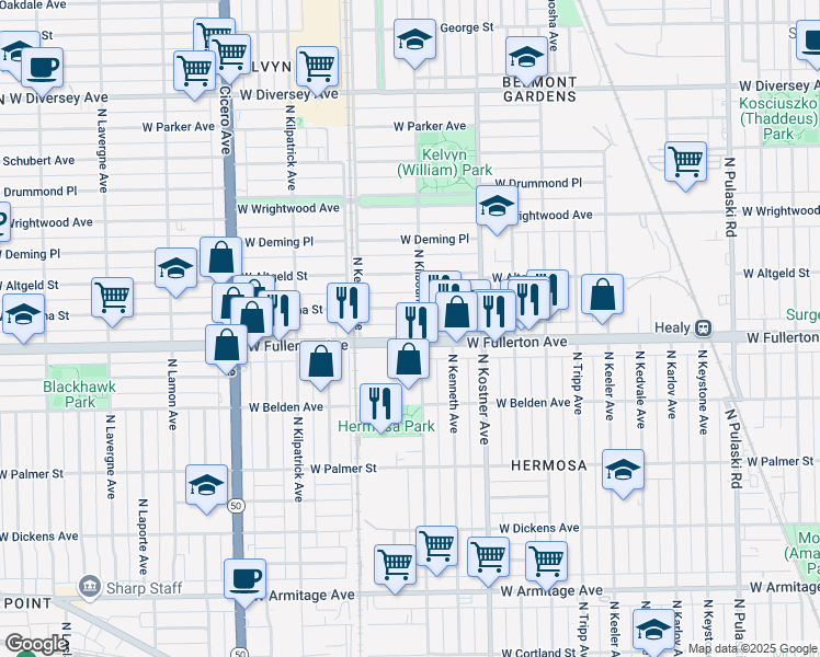 map of restaurants, bars, coffee shops, grocery stores, and more near 2404 North Kilbourn Avenue in Chicago