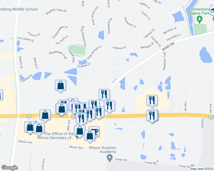 map of restaurants, bars, coffee shops, grocery stores, and more near 135 Charter 1 Avenue in St. Charles