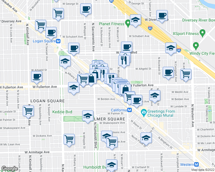 map of restaurants, bars, coffee shops, grocery stores, and more near N Milwaukee Ave & W Fullerton Ave in Chicago