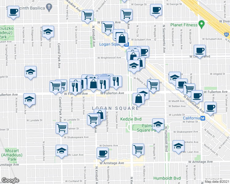 map of restaurants, bars, coffee shops, grocery stores, and more near 2400 North Sawyer Avenue in Chicago