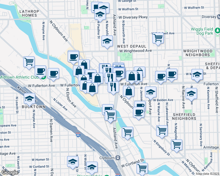 map of restaurants, bars, coffee shops, grocery stores, and more near 2362 North Clybourn Avenue in Chicago