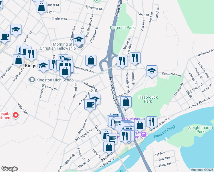 map of restaurants, bars, coffee shops, grocery stores, and more near Frank Koenig Blvd in Kingston