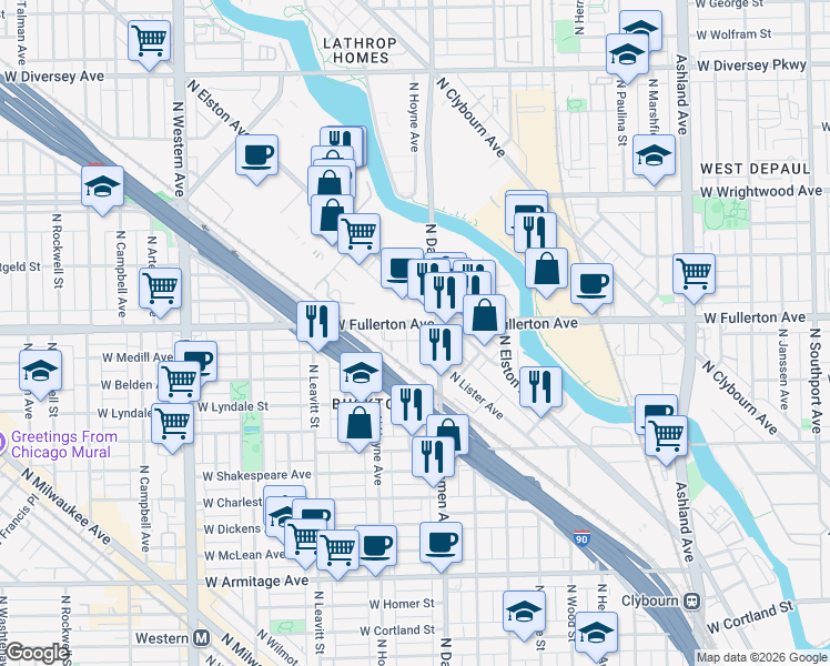 map of restaurants, bars, coffee shops, grocery stores, and more near 2023 West Fullerton Avenue in Chicago