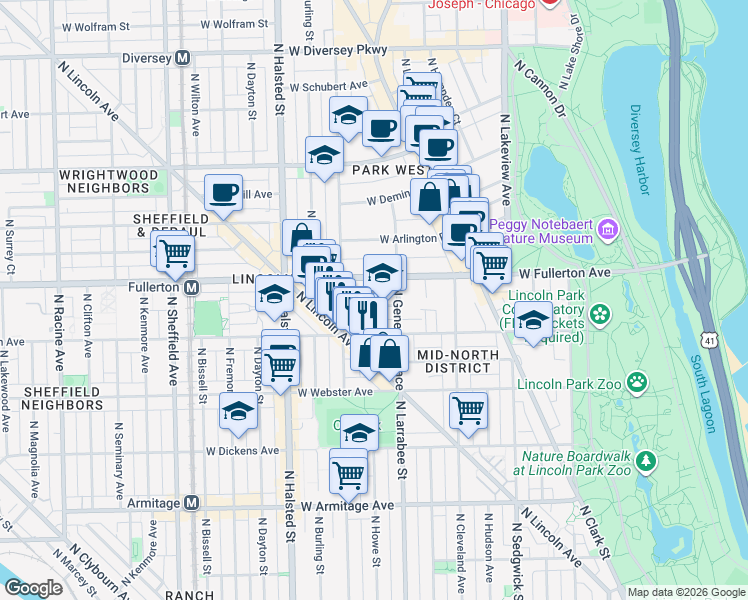 map of restaurants, bars, coffee shops, grocery stores, and more near 624 West Kemper Place in Chicago