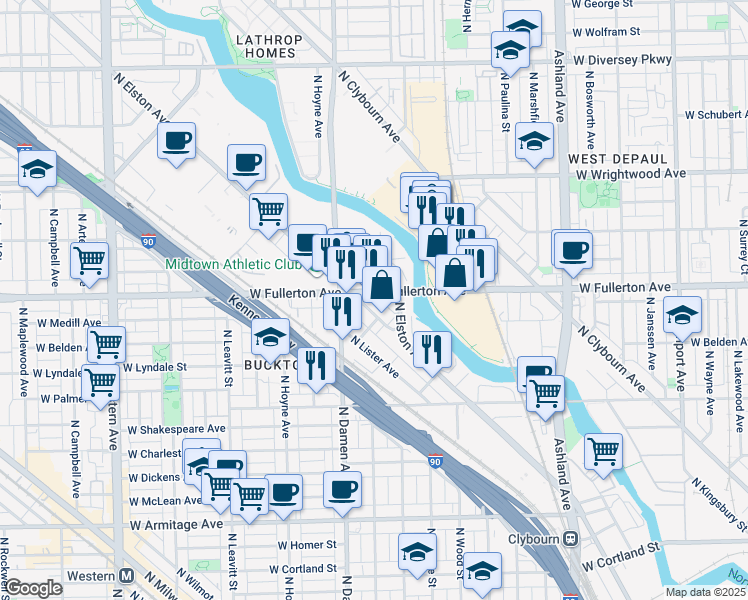 map of restaurants, bars, coffee shops, grocery stores, and more near 1913 West Fullerton Avenue in Chicago