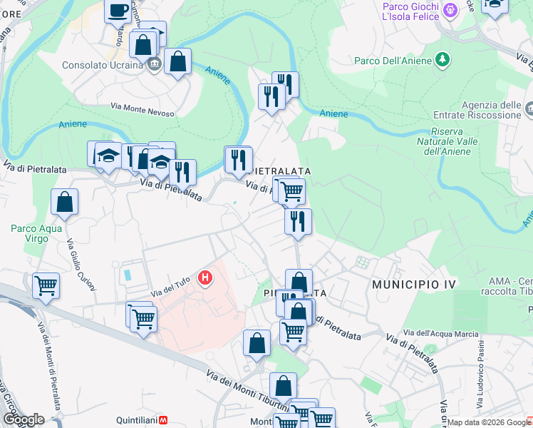 map of restaurants, bars, coffee shops, grocery stores, and more near 33 Via Bartolomeo Massalongo in Roma