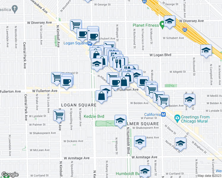 map of restaurants, bars, coffee shops, grocery stores, and more near W Fullerton Ave & N Albany Ave in Chicago