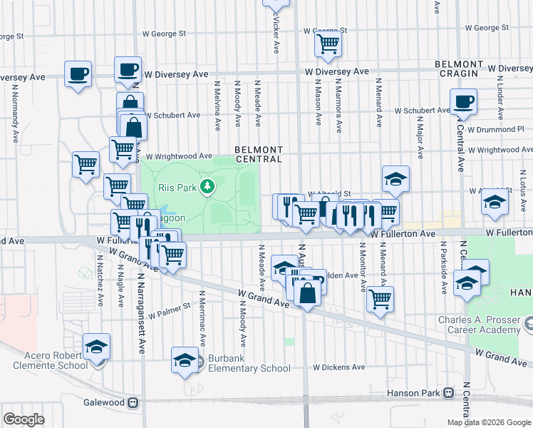 map of restaurants, bars, coffee shops, grocery stores, and more near 2441 North Meade Avenue in Chicago