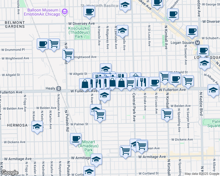map of restaurants, bars, coffee shops, grocery stores, and more near 3718 West Fullerton Avenue in Chicago