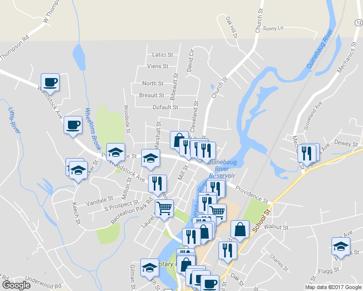 map of restaurants, bars, coffee shops, grocery stores, and more near 95 Van Den Noort Street in Putnam