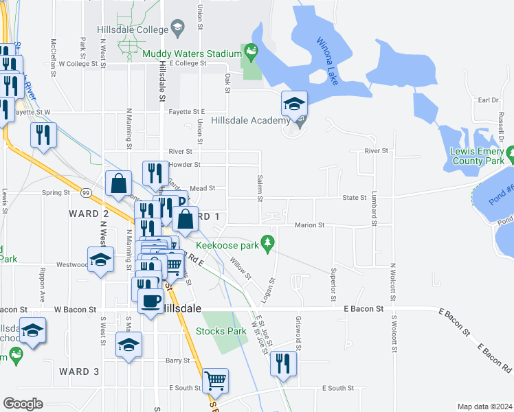 map of restaurants, bars, coffee shops, grocery stores, and more near 28 State Street in Hillsdale