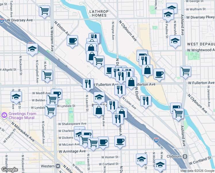 map of restaurants, bars, coffee shops, grocery stores, and more near 2045 West Fullerton Avenue in Chicago