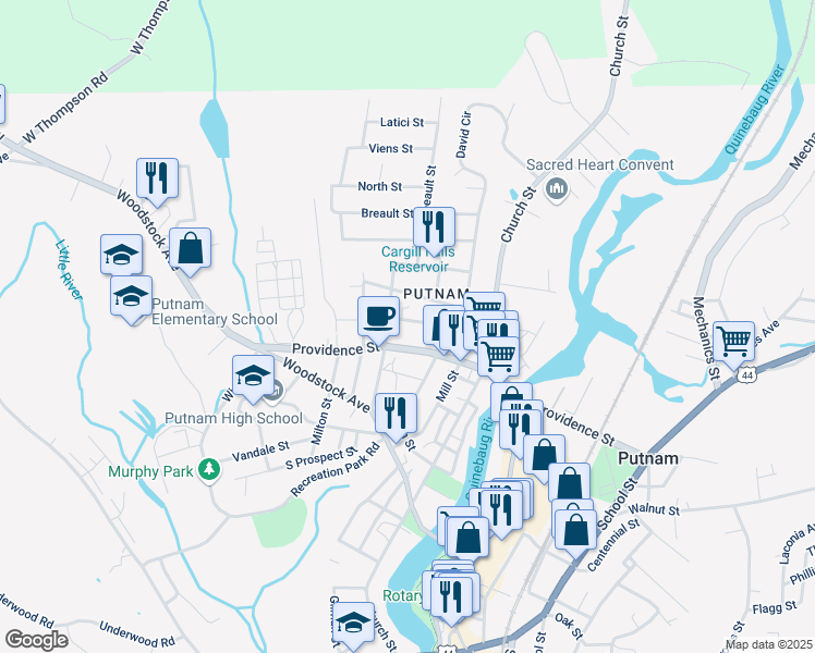 map of restaurants, bars, coffee shops, grocery stores, and more near 69 Battey Street in Putnam