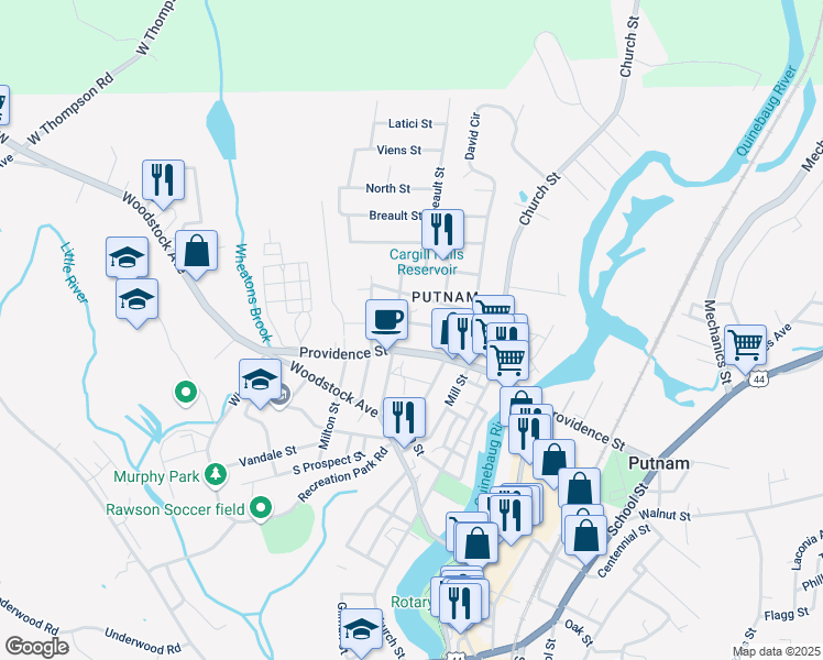 map of restaurants, bars, coffee shops, grocery stores, and more near 69 Battey Street in Putnam