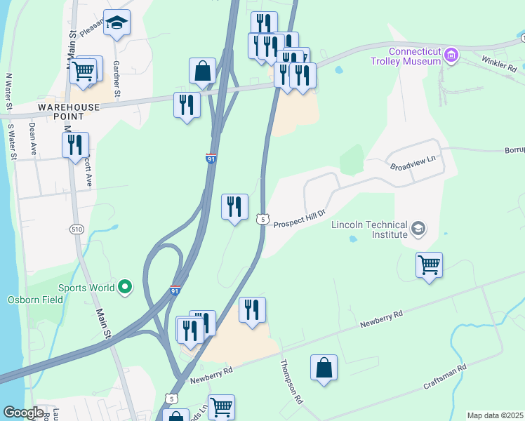 map of restaurants, bars, coffee shops, grocery stores, and more near 95 U.S. 5 in East Windsor