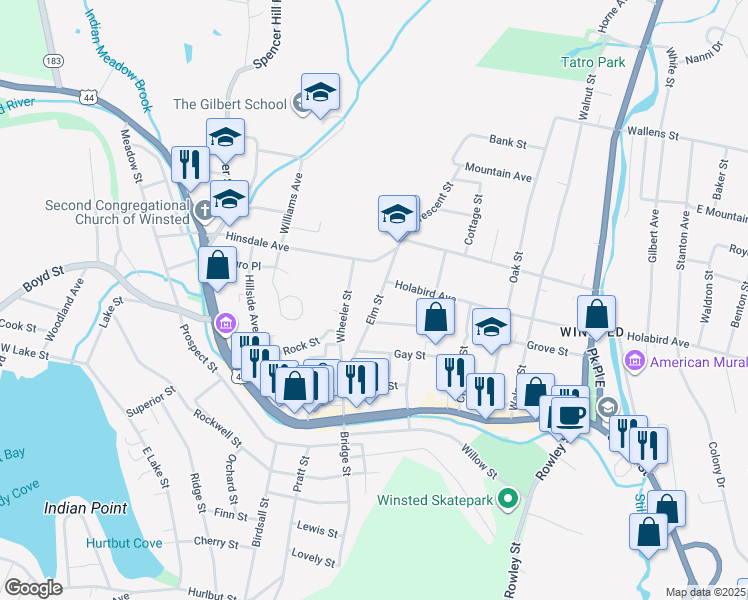 map of restaurants, bars, coffee shops, grocery stores, and more near 139 Elm Street in Winsted