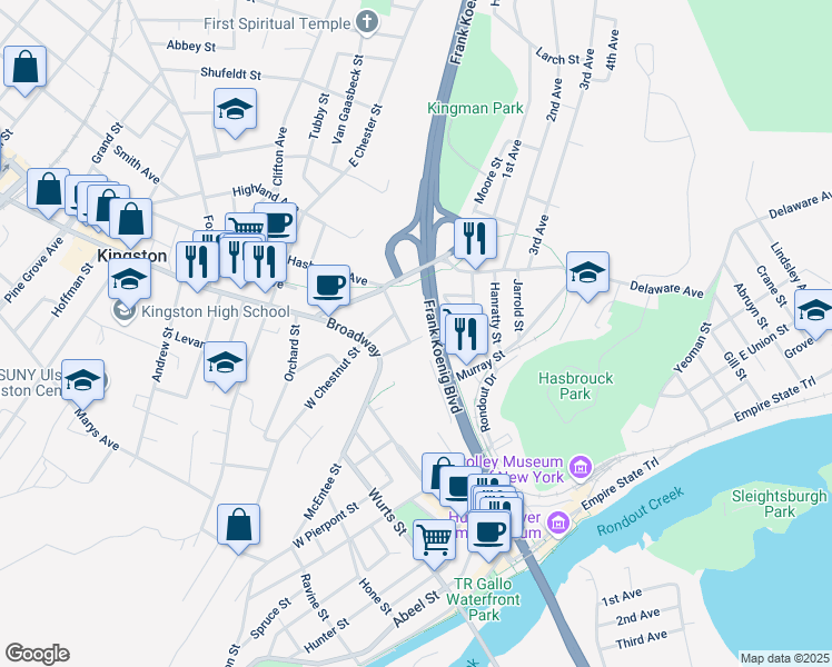 map of restaurants, bars, coffee shops, grocery stores, and more near Frank Koenig Blvd in Kingston
