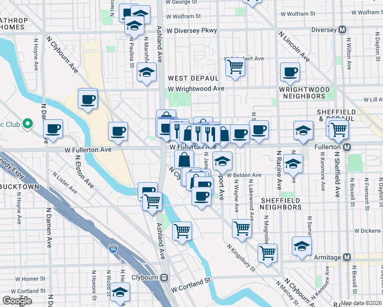 map of restaurants, bars, coffee shops, grocery stores, and more near 1524 West Fullerton Avenue in Chicago