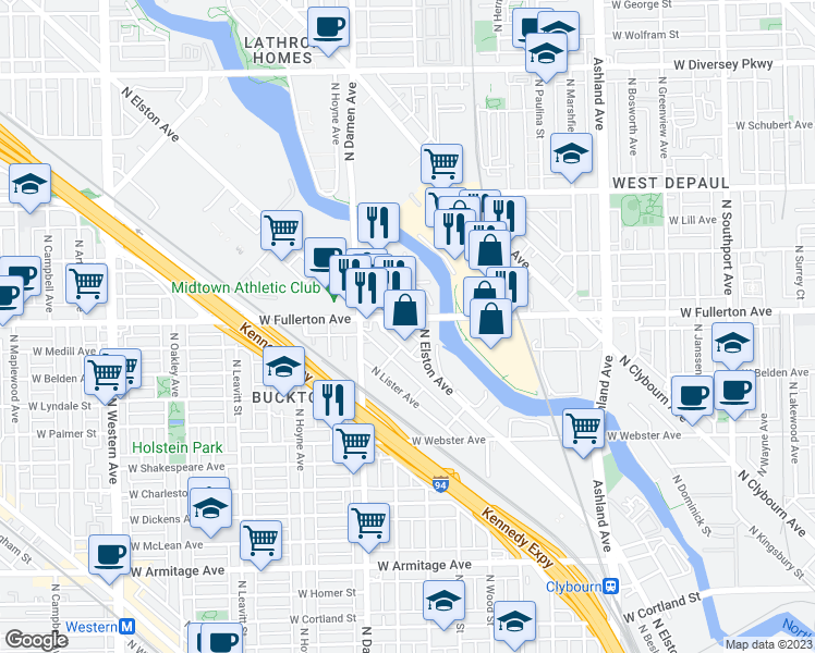 map of restaurants, bars, coffee shops, grocery stores, and more near 1913 West Fullerton Avenue in Chicago