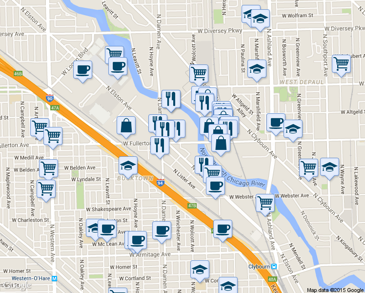 map of restaurants, bars, coffee shops, grocery stores, and more near 1913 West Fullerton Avenue in Chicago