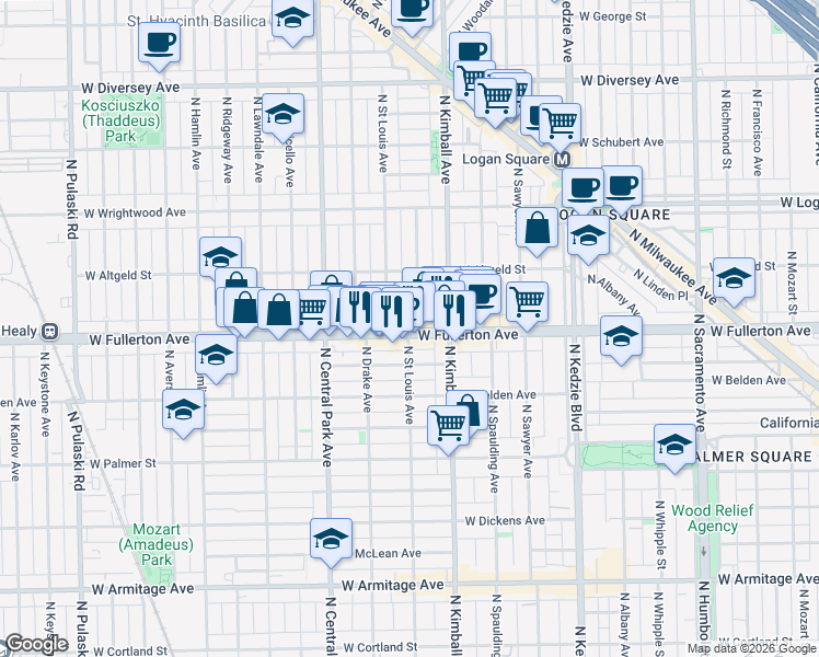 map of restaurants, bars, coffee shops, grocery stores, and more near 3521 West Fullerton Avenue in Chicago