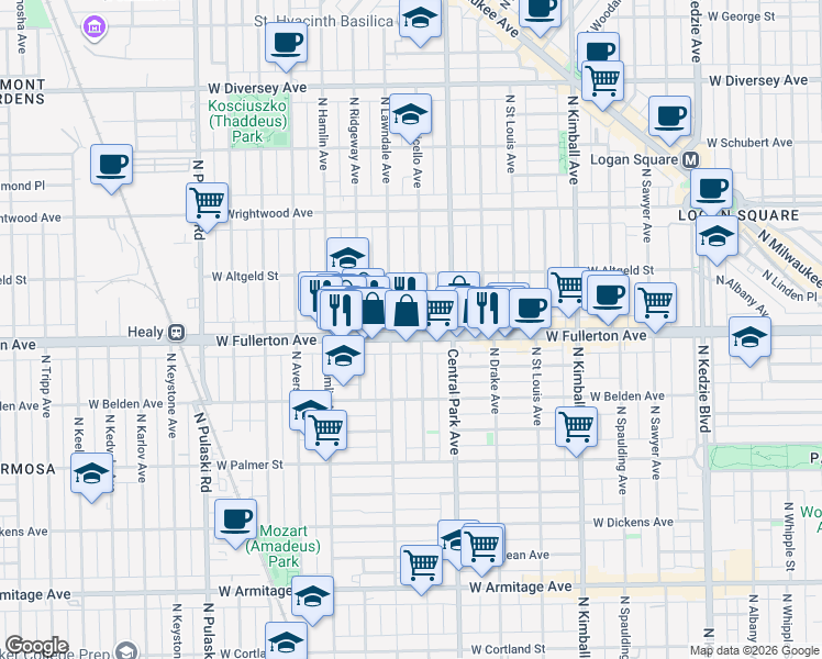 map of restaurants, bars, coffee shops, grocery stores, and more near 3554 West Fullerton Avenue in Chicago