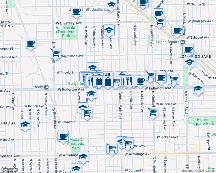 map of restaurants, bars, coffee shops, grocery stores, and more near 3554 West Fullerton Avenue in Chicago
