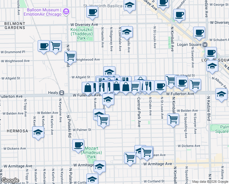 map of restaurants, bars, coffee shops, grocery stores, and more near 3710 West Fullerton Avenue in Chicago