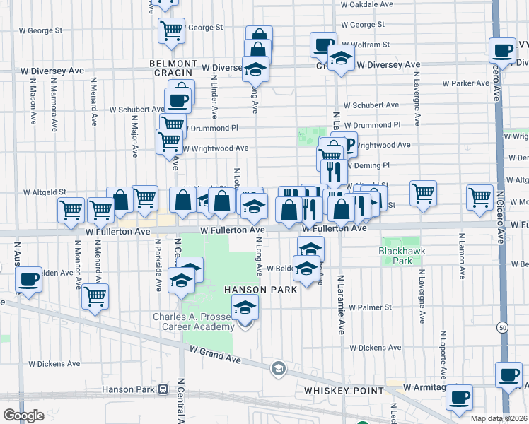 map of restaurants, bars, coffee shops, grocery stores, and more near 2433 North Long Avenue in Chicago