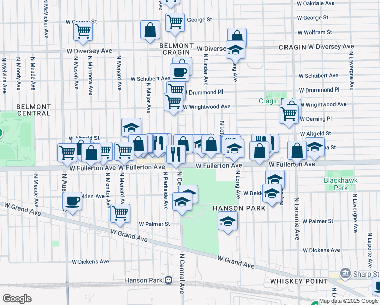 map of restaurants, bars, coffee shops, grocery stores, and more near 2432 North Luna Avenue in Chicago