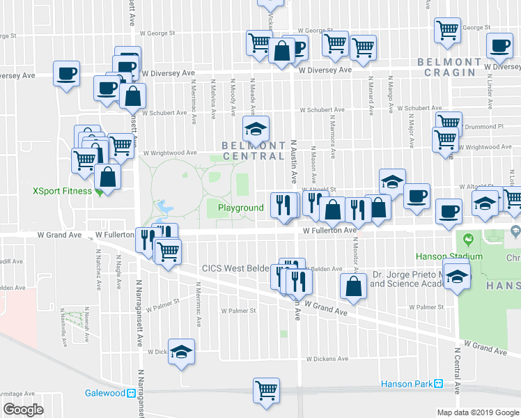 map of restaurants, bars, coffee shops, grocery stores, and more near 2441 North Meade Avenue in Chicago