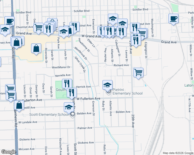 map of restaurants, bars, coffee shops, grocery stores, and more near 2535 Westbrook Drive in Franklin Park